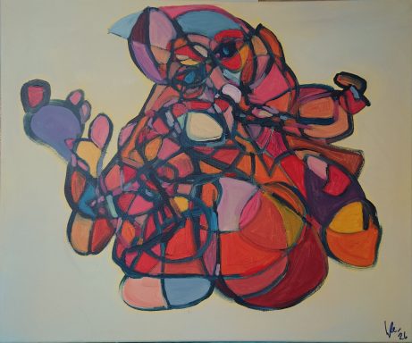 Figurative acrylic artwork depicting a figure curling inward, exploring vulnerability and self‑protection.