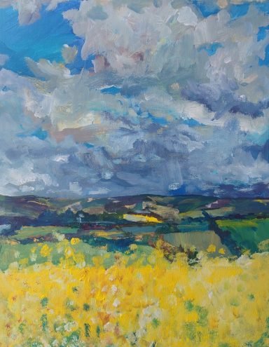 Across the Basin Acrylic painting of view across yellow field of wildflowers