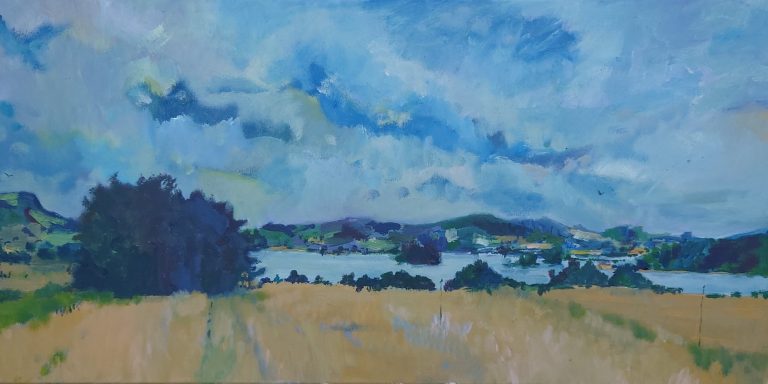 Loch Leven after the storm. 2026. 100 x 50cm. Aftermath of a stormy scene at Loch Leven. Blue hues, hills and the loch.