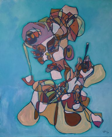 Head in hand. 2026. Acrylic on canvas. 46 x 56cm Acrylic painting of a figure resting their head in their hand, expressing contemplation and fatigue.