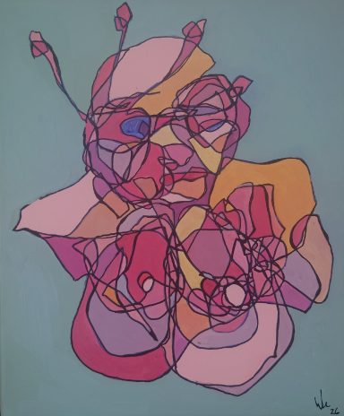 Abstract figure looking through fingers.