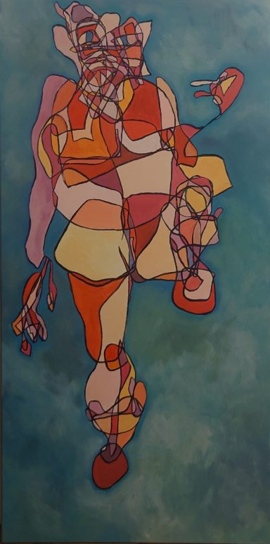Warrior pose with no space for thought. 2026. 50 x 100cm. Abstract self portrait of the artist in dynamic, yoga warrior pose. Continuous line, block colour and hazy blue background.