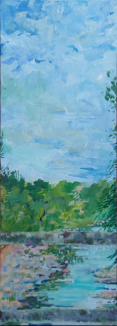Downstream view of the river South Esk. Painted in Acrylic with a viewpoint from the bridge walkway.