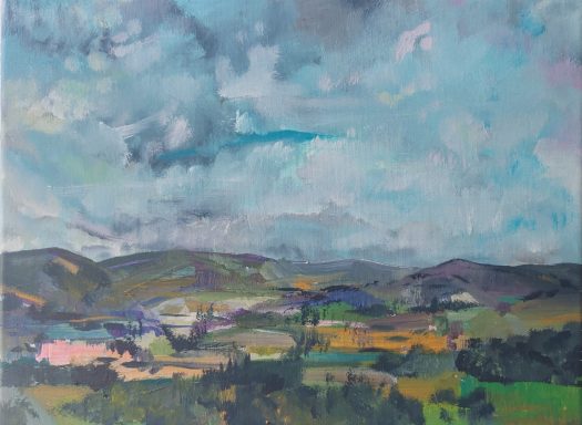 From Aberlemno toward the Glens. 2025. Acrylic on canvas. 40 x 30cm. Scottish landscape painting showing the view from Aberlemno toward the Angus Glens or Five Glens of Angus, painted in acrylic.