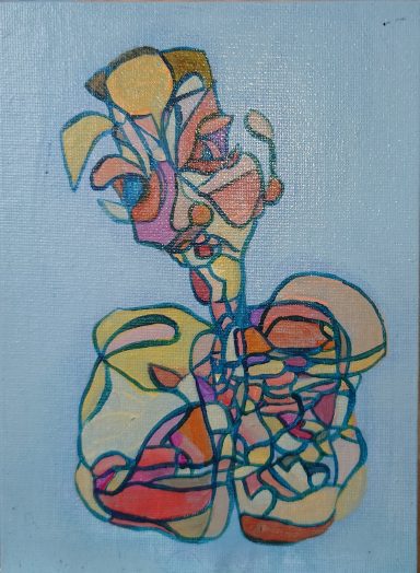 Small acrylic figurative piece showing a downward‑looking figure in a reflective, inward moment.