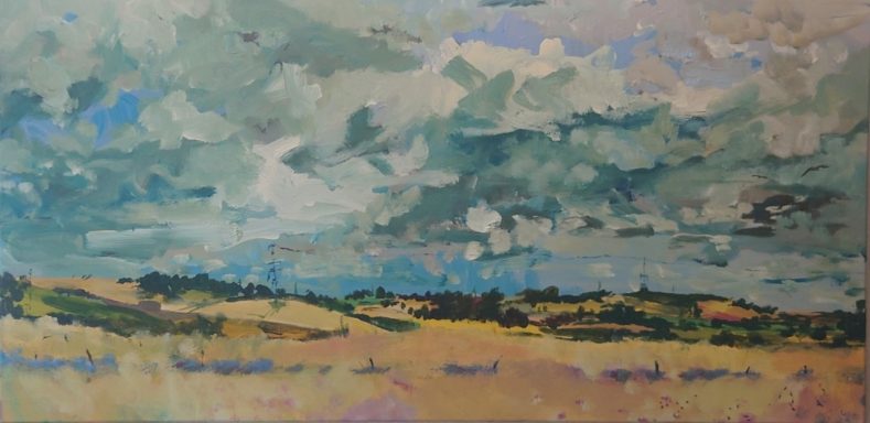 Sidlaws looking East. 2026. Acrylic on canvas. 91 x 61cm. Acrylic landscape painting of the Sidlaws hills in North East Scotland, looking east under soft shifting light.