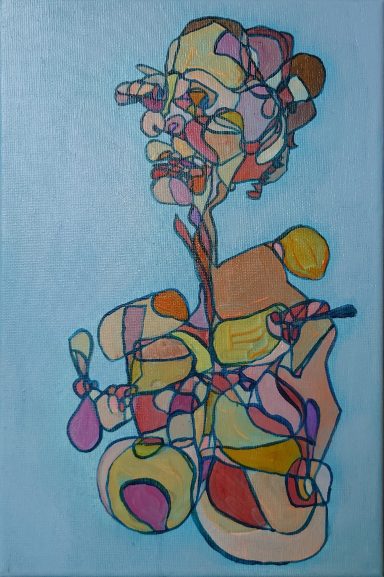 Seated holding face. 2026. Acrylic on canvas.20 x 30cm Acrylic painting of a seated figure holding their face, expressing introspection and quiet emotion.