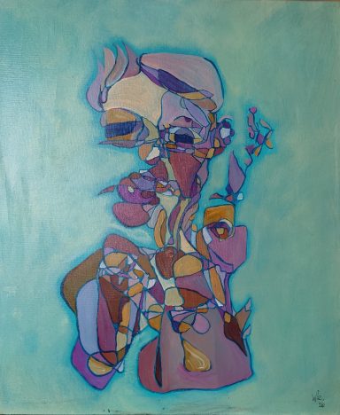 Acrylic figurative piece exploring self‑observation and internal dialogue.