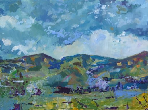 From Memus toward Cortachy. 2026. 80 x 60cm. Stormy scene of the Angus Glens taken from the viewpoint at the village of Memus. Expressive paint strokes.