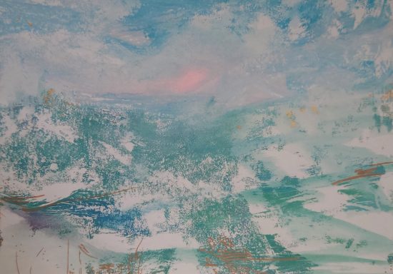 Winter Afternoon. 2026. Monoprint and ink. 36 x 28cm Monoprint and ink artwork capturing the stillness of a winter afternoon in the Scottish Glens.